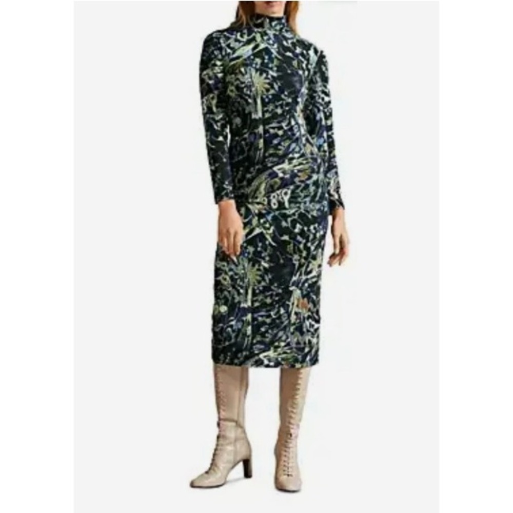 Ted Baker Choliee Dress 1 US 4 Blue Abstract Floral High Neck Midi Long Sleeve